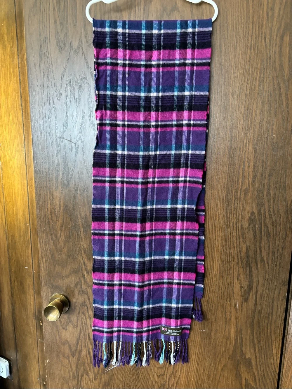 Cashmere Scottish Plaid Fringe Scarf in Purple & Pink